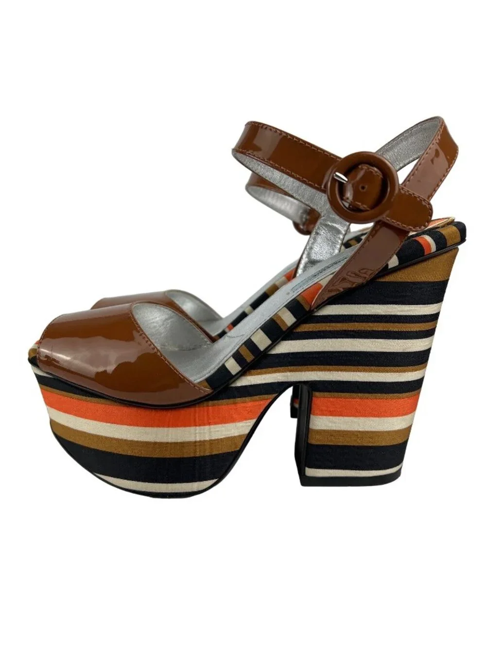 Prada Brown Patent Leather Peep-Toe Platform Heels With Striped Fabric Size 8.5